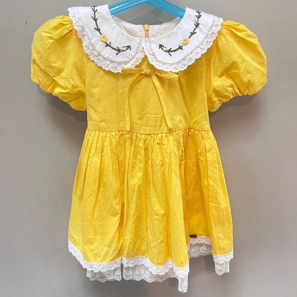 Pettigirl Girls Yellow Lace Peter Pan‎ Embroidered Lace Detail Dress- Sz. 5 - Picture 1 of 6